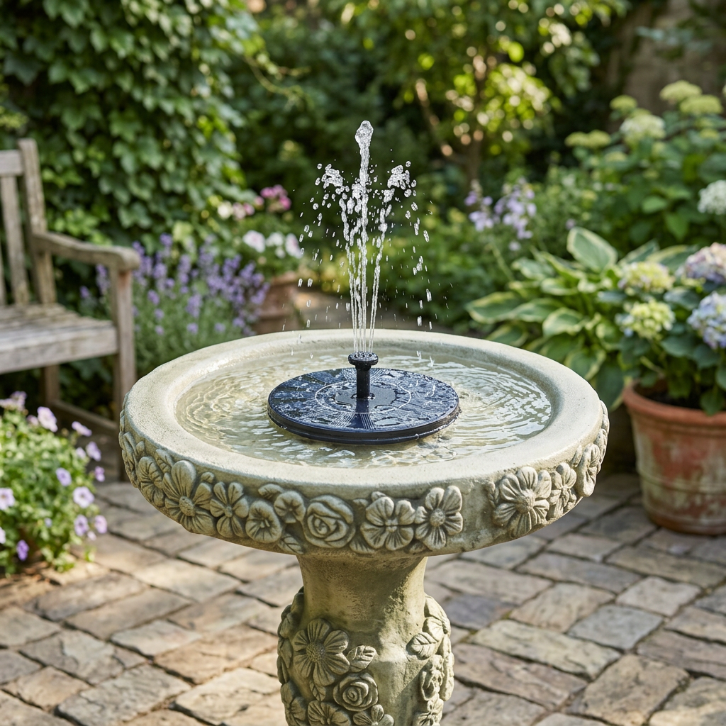Solar water fountain running in a garden lifestyle setting