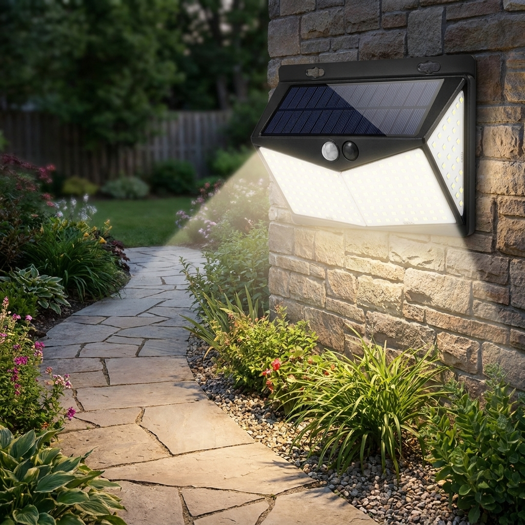 Outdoor solar light illuminating a garden pathway at dusk