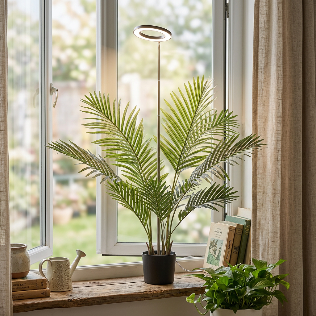 Grow light illuminating a lush potted plant on a home windowsill