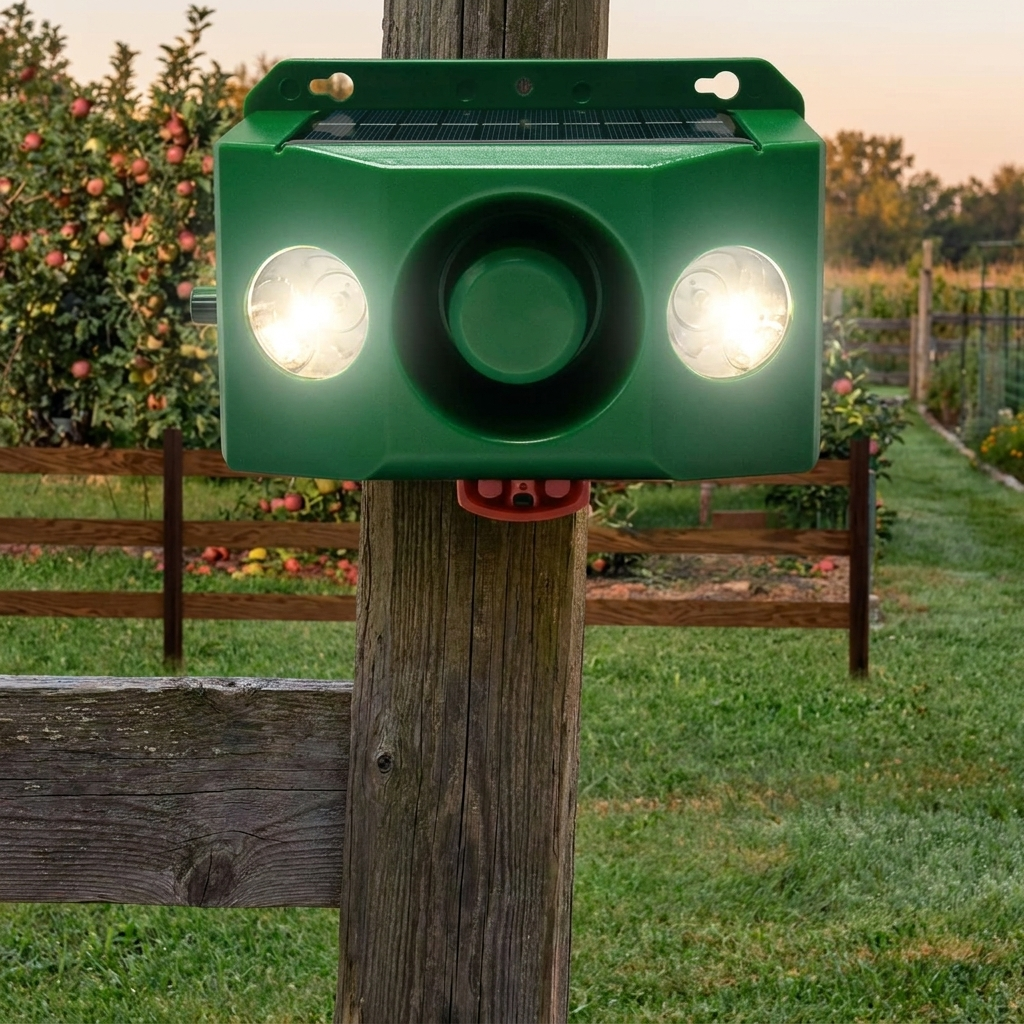 Beast repellent solar warning light mounted on a fence post at dusk