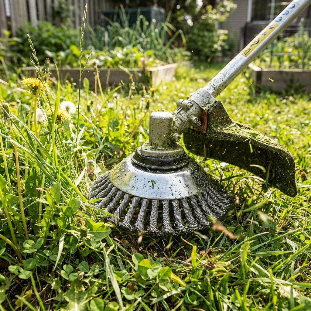 Wired trimmer blade for grass trimmer in use trimming weeds in a yard