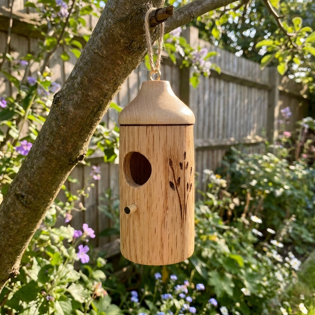 Wooden hummingbird house mounted outdoors in a garden setting