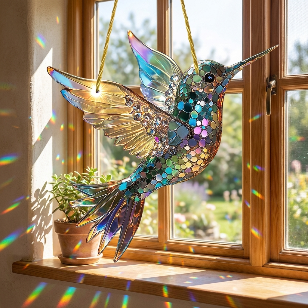 Hummingbird suncatcher hanging in a sunlit window