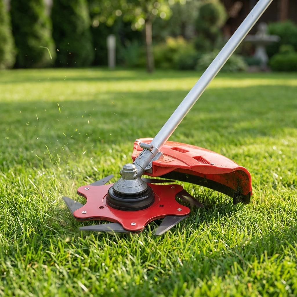 Universal 6-steel razors trimmer head attached to a grass trimmer in use
