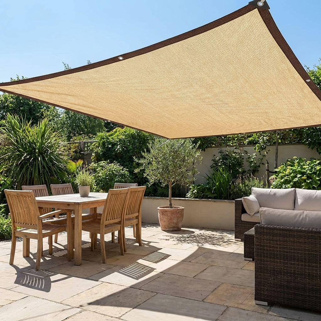 Outdoor mesh patio sun shade sail canopy installed over a patio