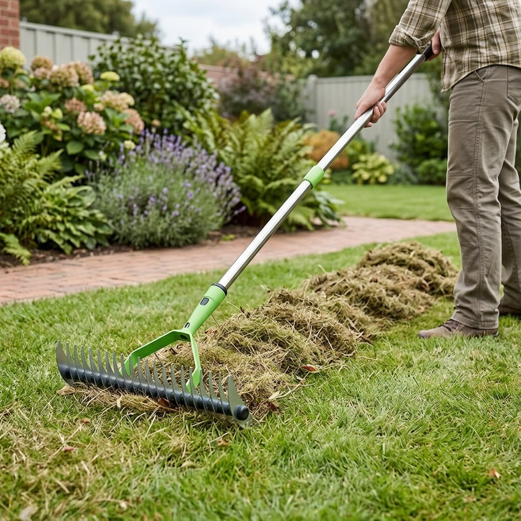 Long reach thatch rake dethatching dead grass on a lawn