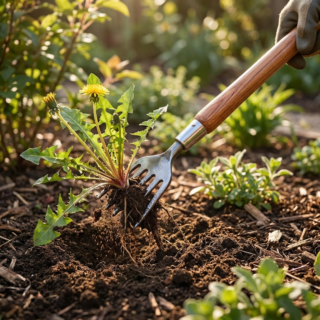 Crescent weeder tool removing a weed from a garden bed