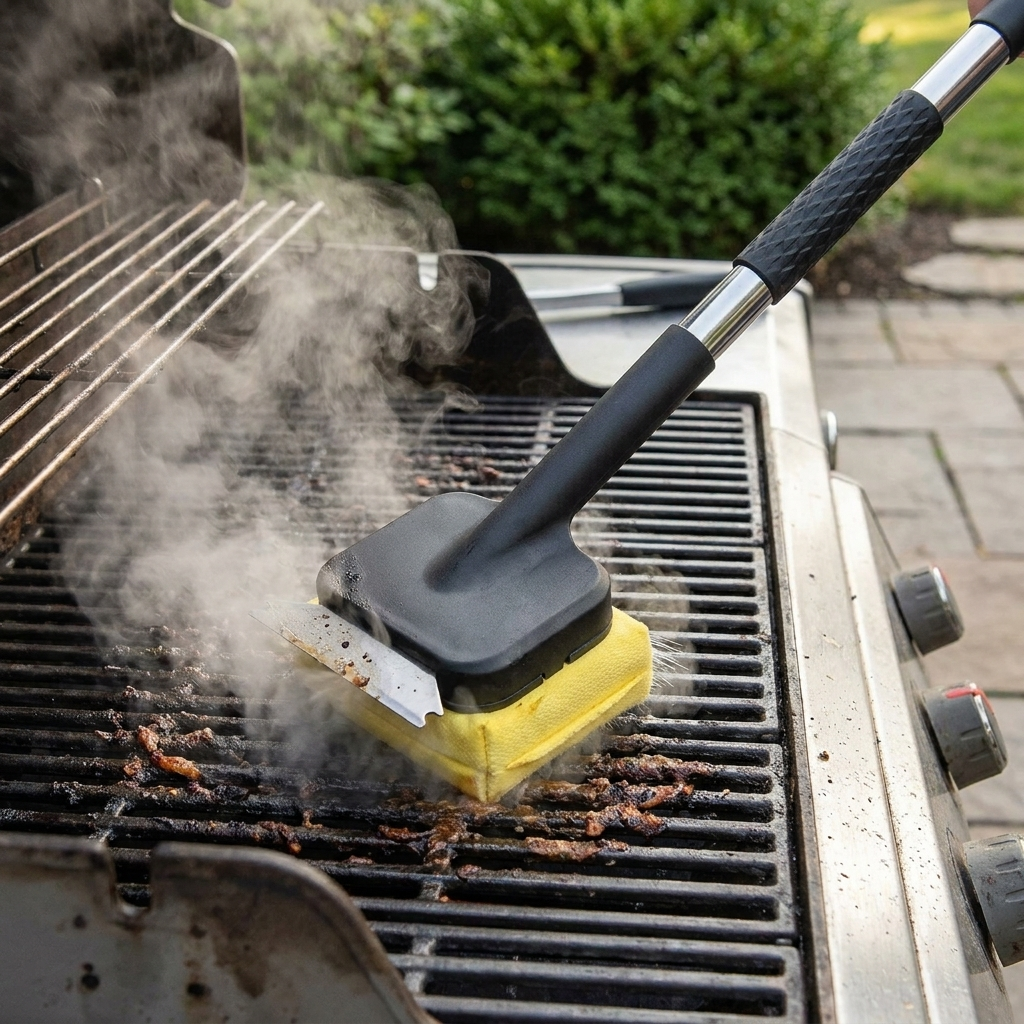 Grill brush with steam cleaning and scraper cleaning an outdoor grill