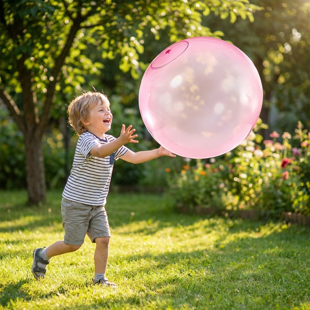 Child playing with a magic bubble ball outdoors in a yard
