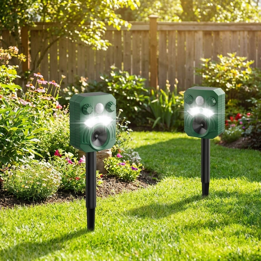 Advanced ultrasonic outdoor cat and dog deterrent staked in a backyard garden lawn