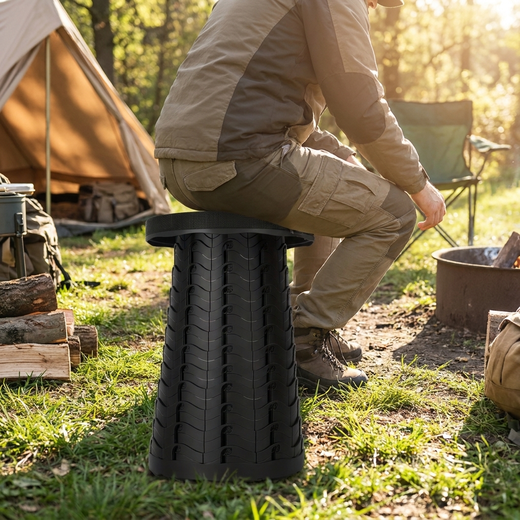Folding stool set up at a campsite