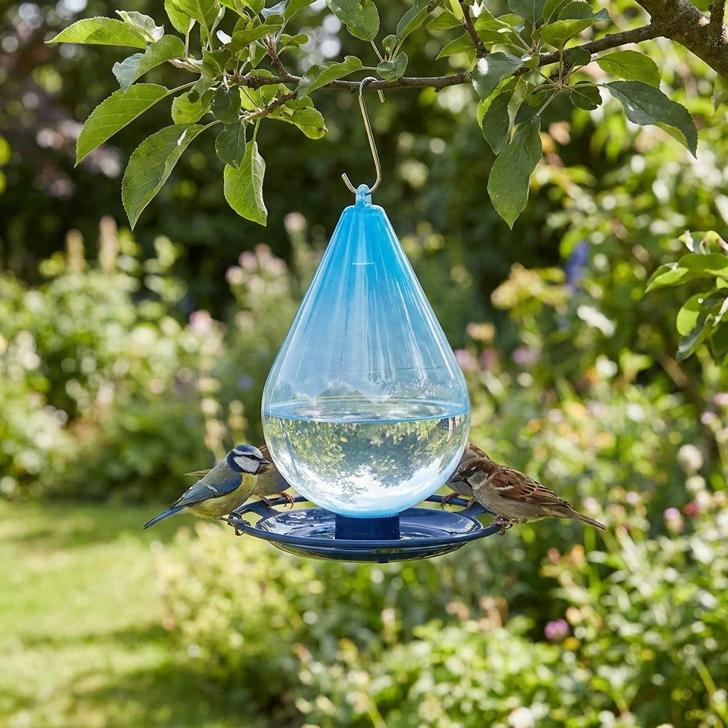 Bird water feeder in a garden with birds