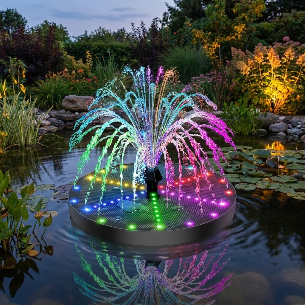 Solar fountain glowing in a garden pond at dusk