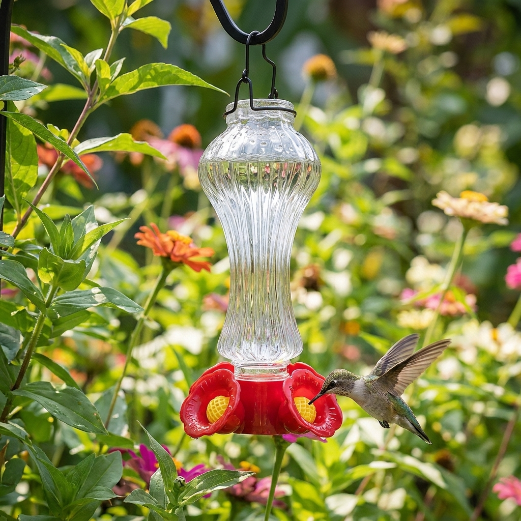 Glass hummingbird feeder hanging in a garden