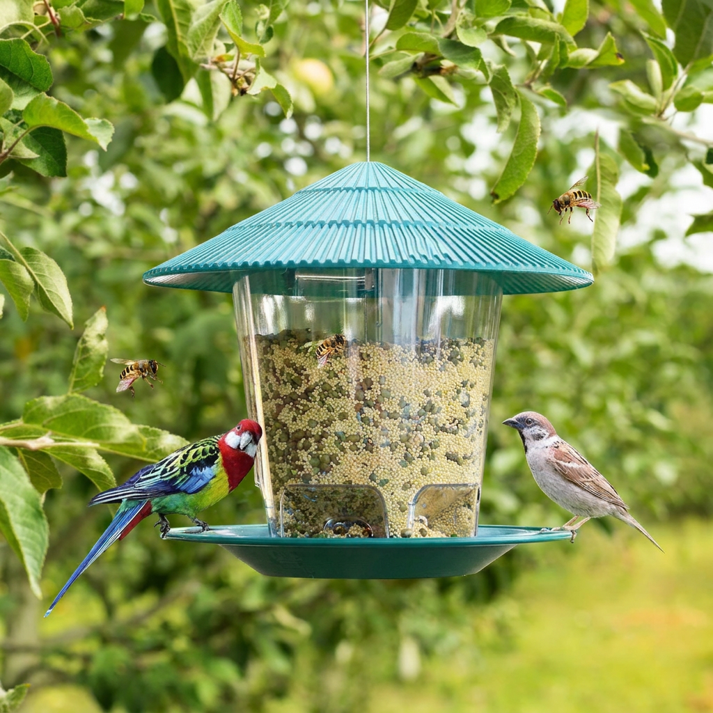 Hanging bird feeder in a garden with birds