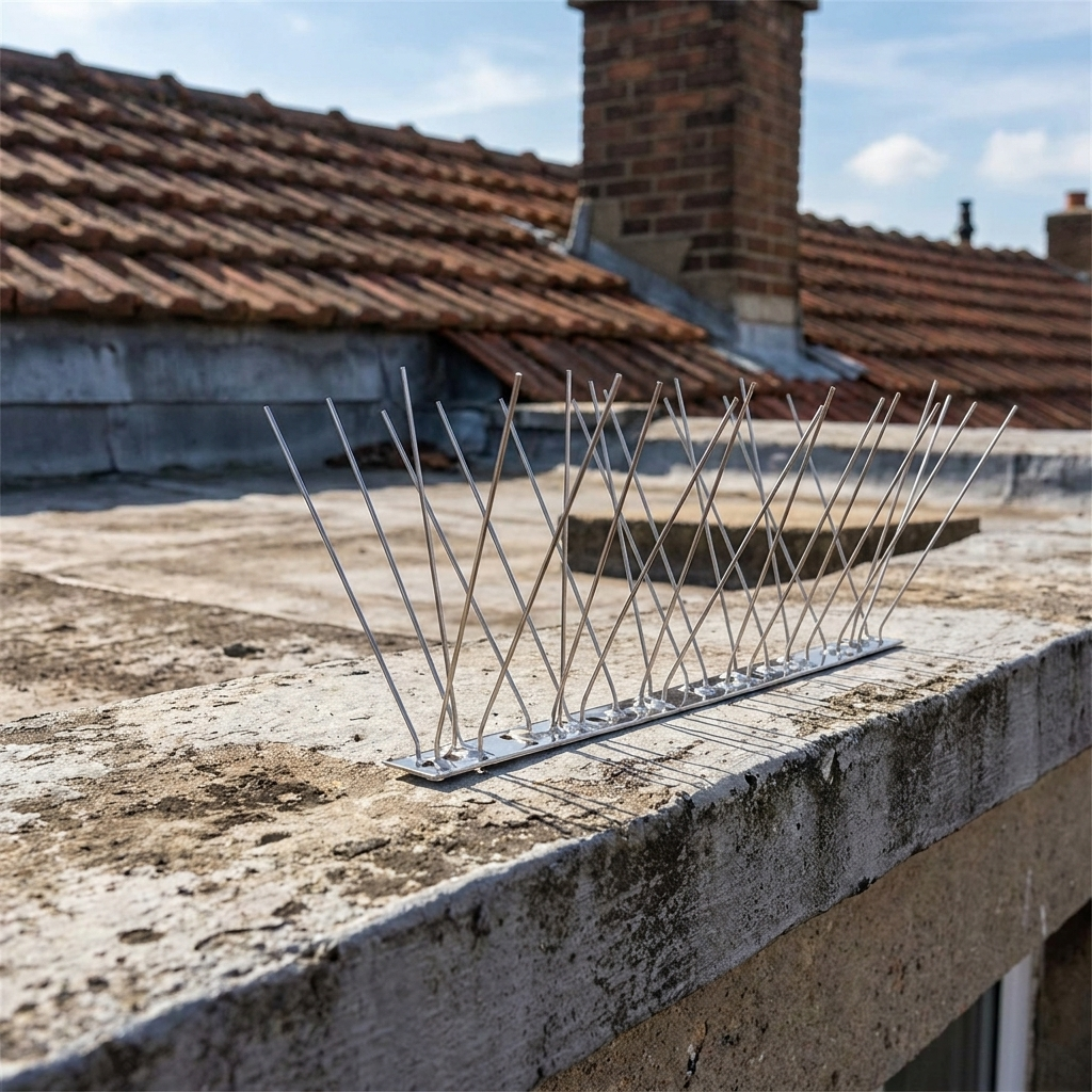 Bird repeller spikes installed on a rooftop ledge