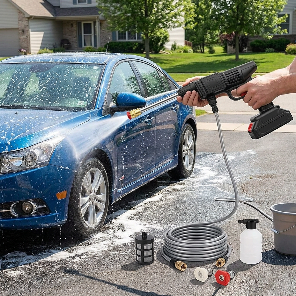 High pressure spray water gun washing a car outdoors