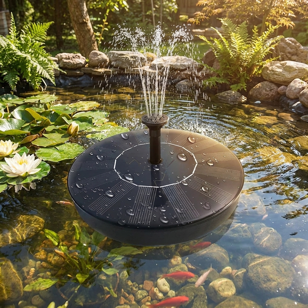 Solar fountain pump powering a garden pond fountain