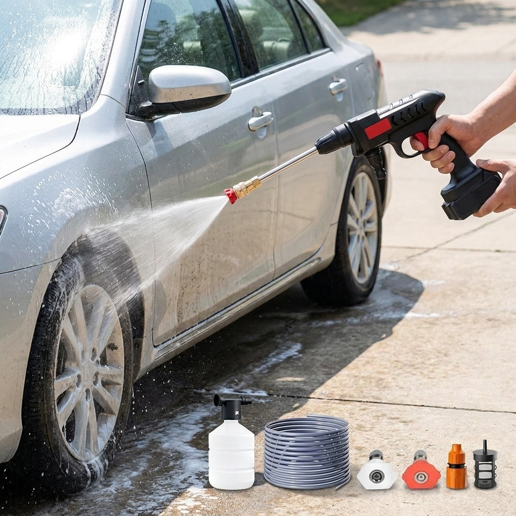 High pressure water gun washing a car
