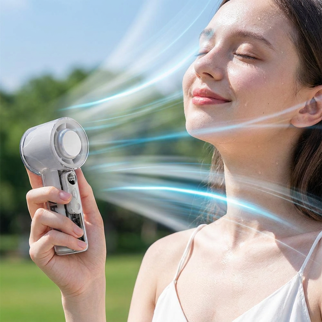 Handheld fan used outdoors on a hot day