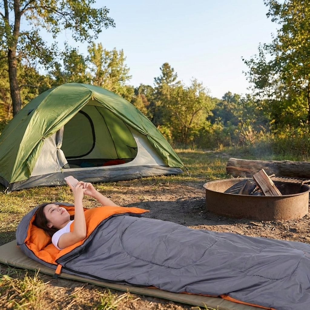 Sleeping bag used at an outdoor campsite near a tent