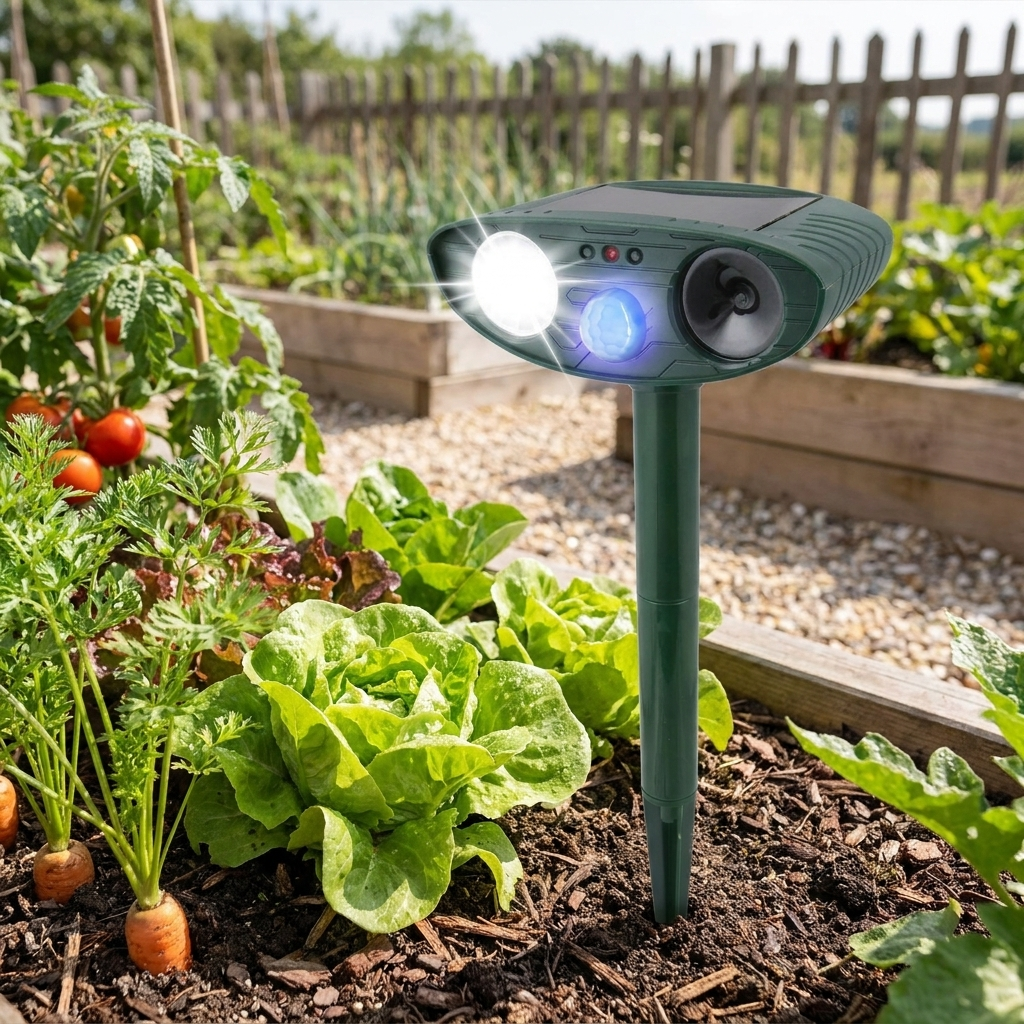 Ultrasonic rabbit repeller staked in a garden lifestyle setting