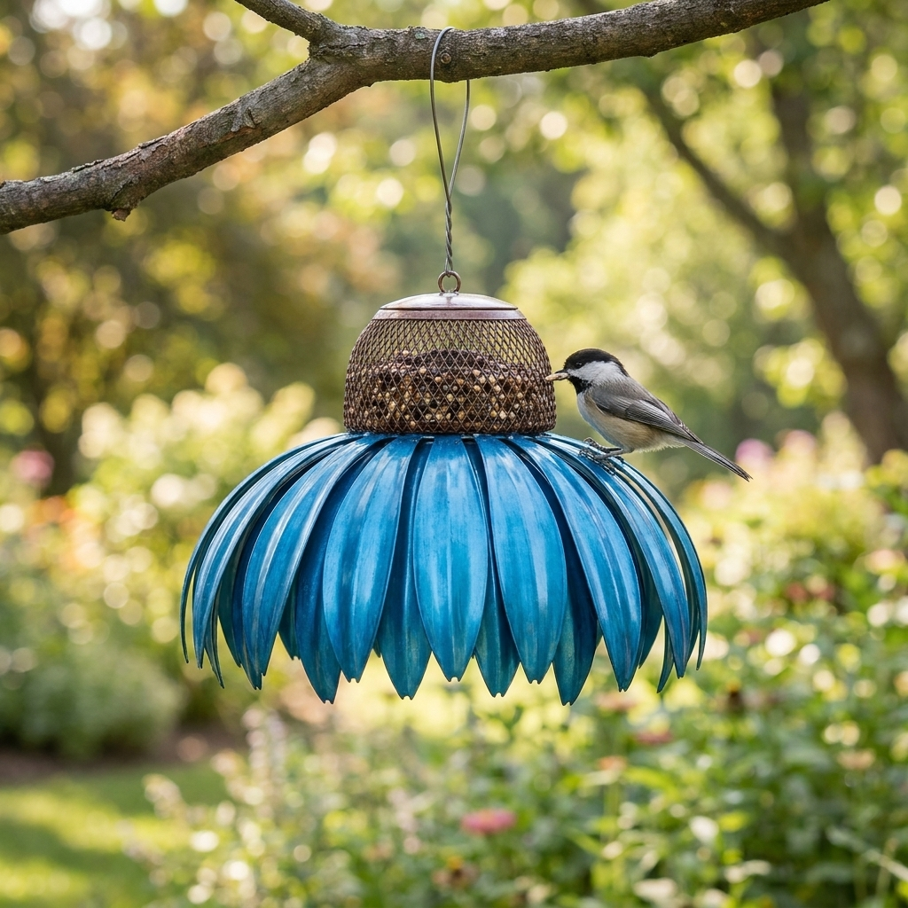 Bird feeder hanging in a garden lifestyle setting