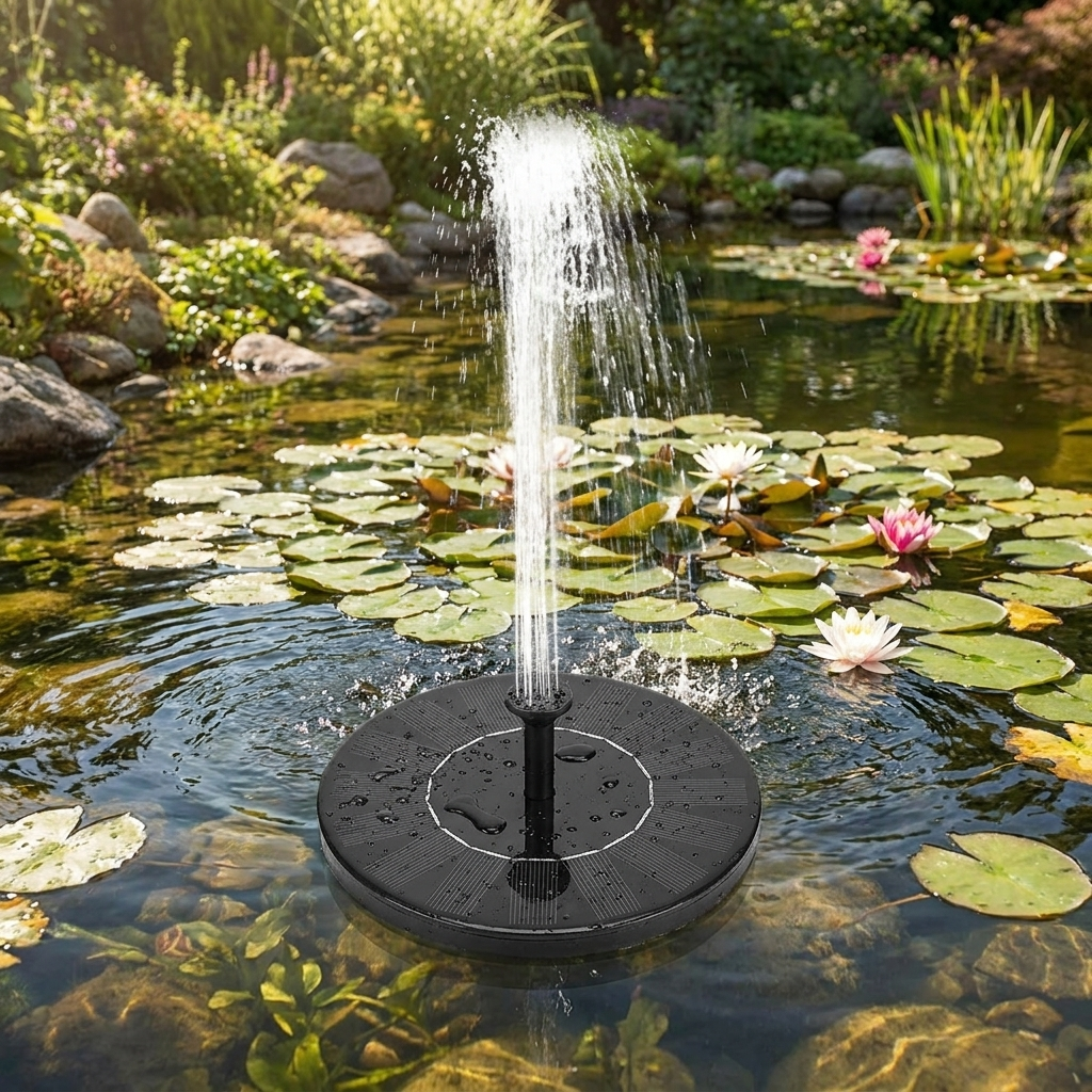 Solar fountain pump floating and spraying water in a garden pond