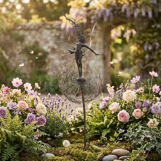 Whimsical garden fairy decoration in a lifestyle garden setting