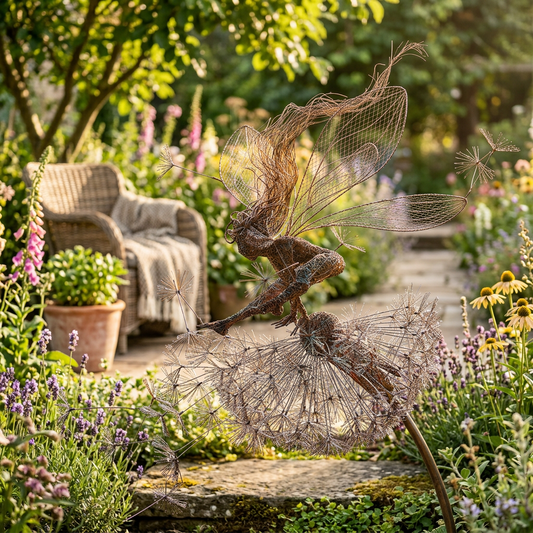 Fairy Steel Garden Sculptures displayed in a lifestyle garden setting