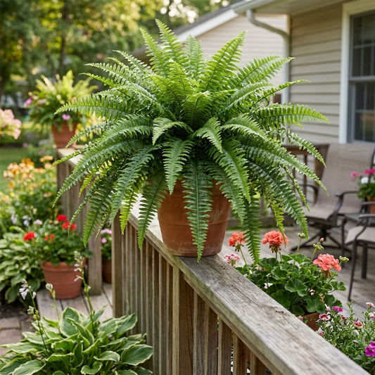 Artificial Boston fern displayed in an outdoor lifestyle setting