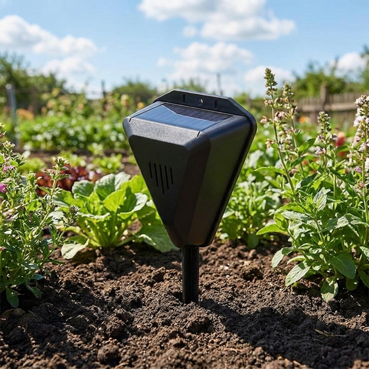 Solar bird repeller in active use in a garden lifestyle setting
