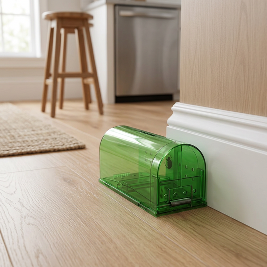 Mouse trap placed along a home baseboard