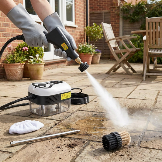 High pressure steam cleaner in use on an outdoor patio
