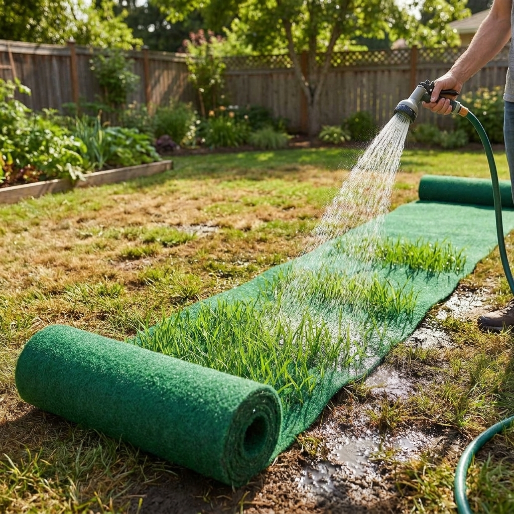 Grass seed mat taking root on a backyard lawn