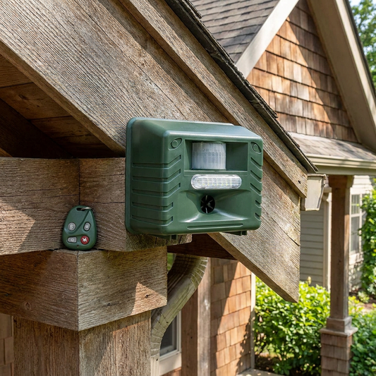 Ultrasonic bird repeller mounted on a home exterior