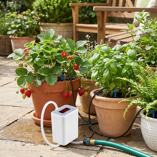 Automatic watering pump controller watering potted plants on a patio