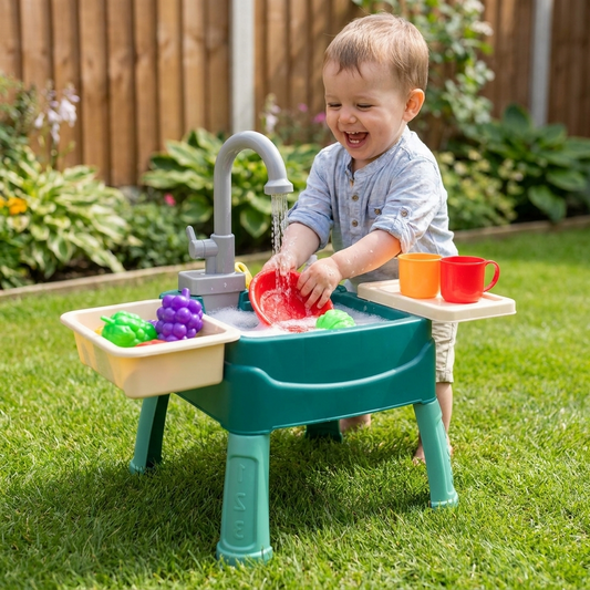 Children's standing play sink set up in a backyard