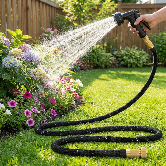 Expandable garden hose watering a flower bed