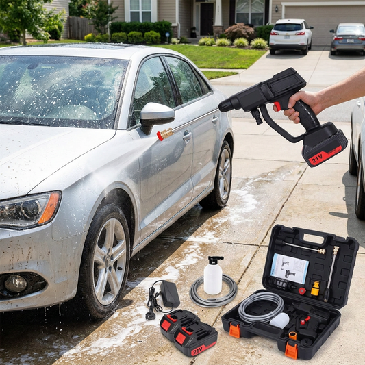 Cordless high pressure washer being used to clean a car