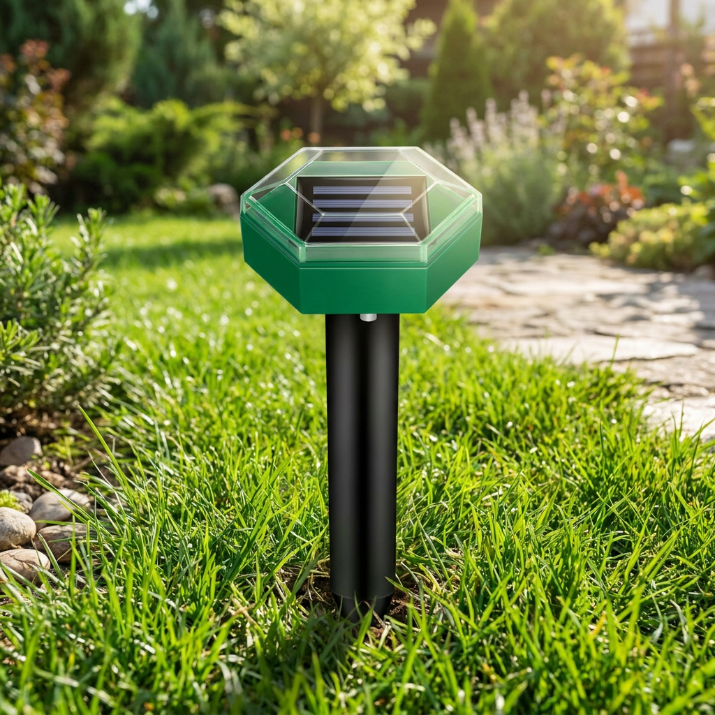 Ultrasonic mole repellent stake placed in a lawn