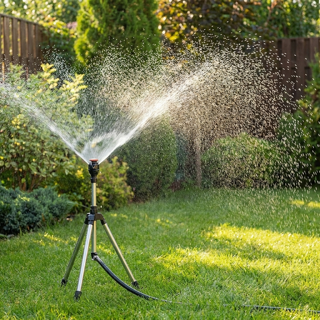 Tripod sprinkler watering a lawn in a backyard lifestyle setting