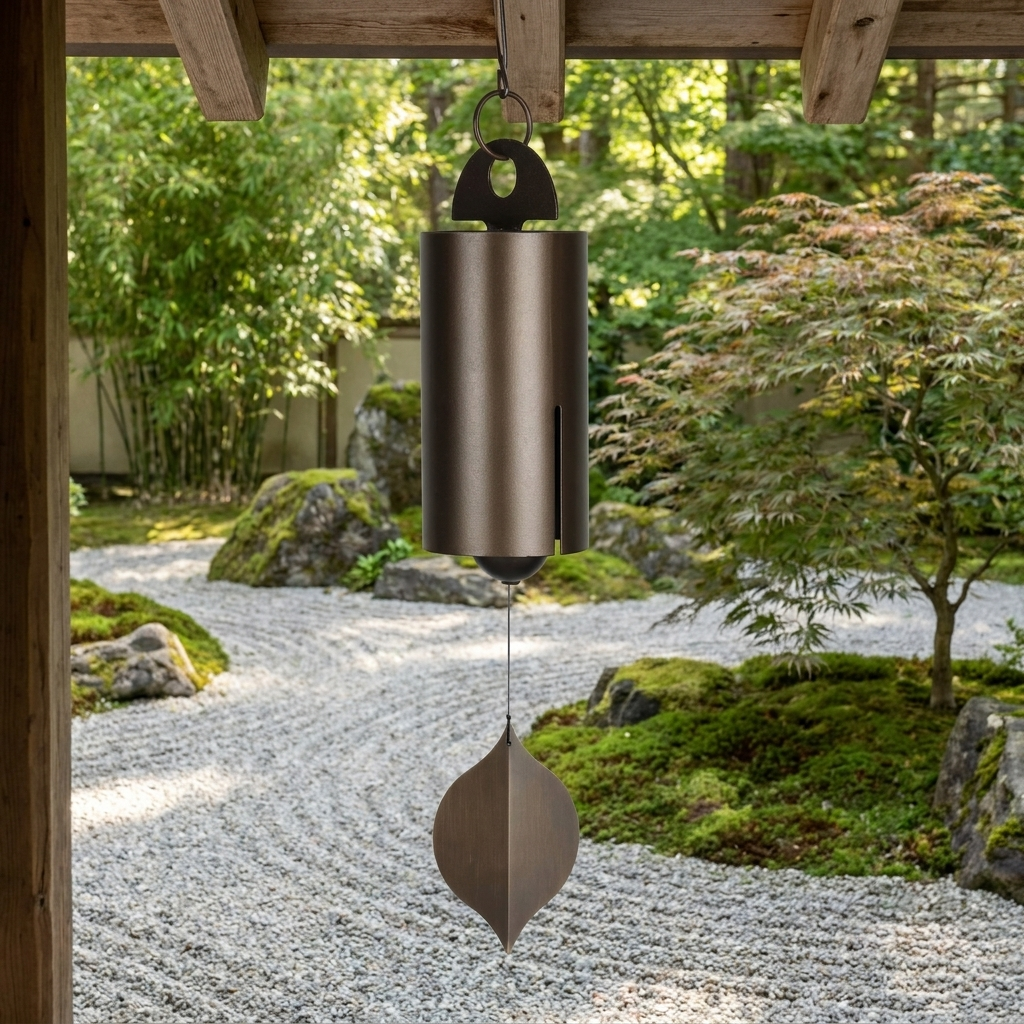 Deep Resonance Serenity Bell hanging in a peaceful zen garden