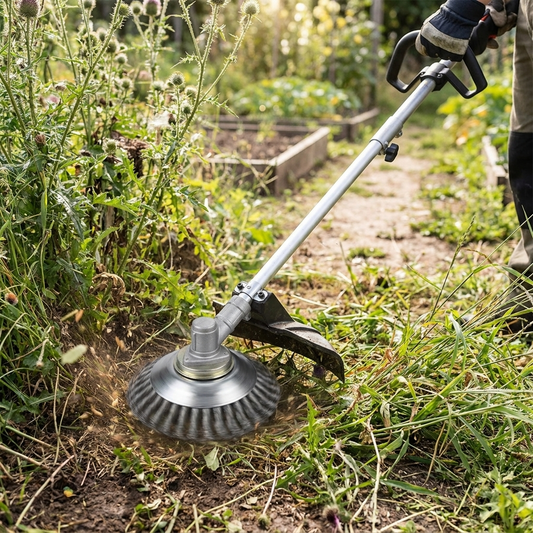 Carbon steel brush trimmer being used to trim overgrown brush in a garden