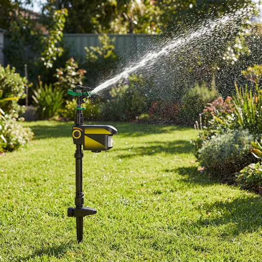 Motion activated sprinkler for deer staked in a backyard lawn spraying water