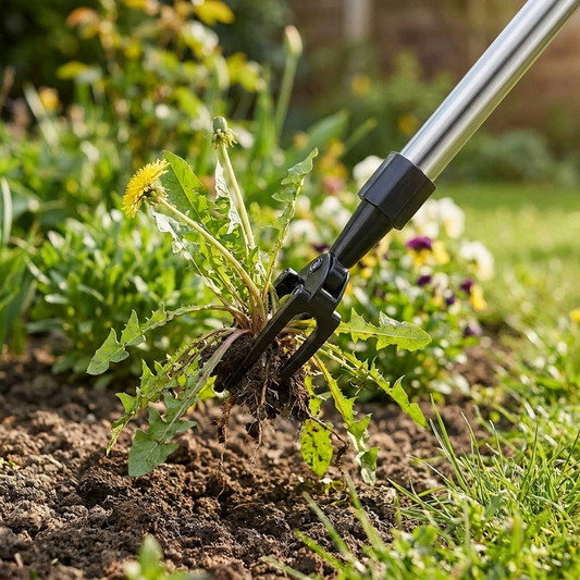 Stand up weed puller tool removing a weed from a garden bed