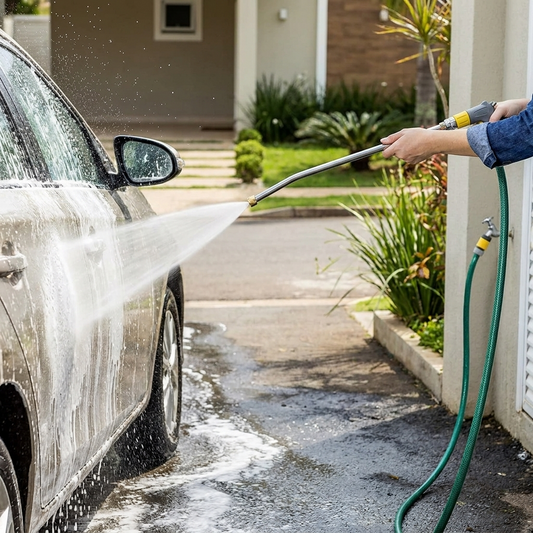 High-pressure washer nozzle spraying water while washing a car in a driveway