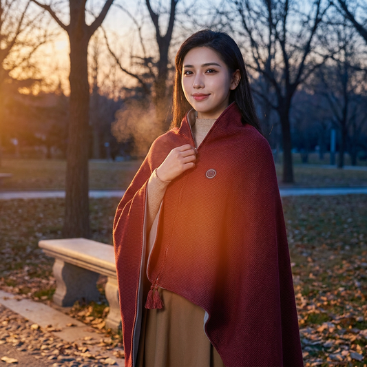 Person wearing a portable heated shawl outdoors on a chilly evening