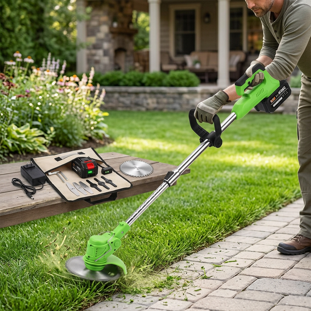 Cordless grass trimmer being used to trim grass edges in a backyard