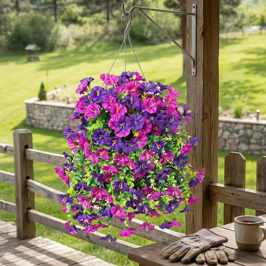 Artificial morning glory flowers hanging on a porch fence as outdoor decor